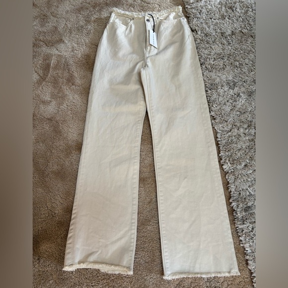 WEWOREWHAT HIGH RISE WIDE LEG FRAYED STRAIGHT LEG CREAM DENIM PANTS JEANS SZ 27 - Picture 8 of 13
